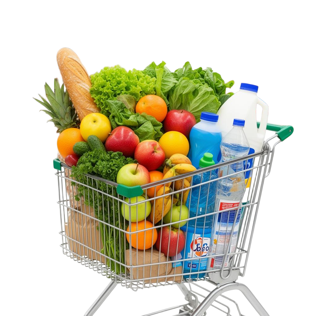 Carrinho de supermercado cheio de produtos frescos